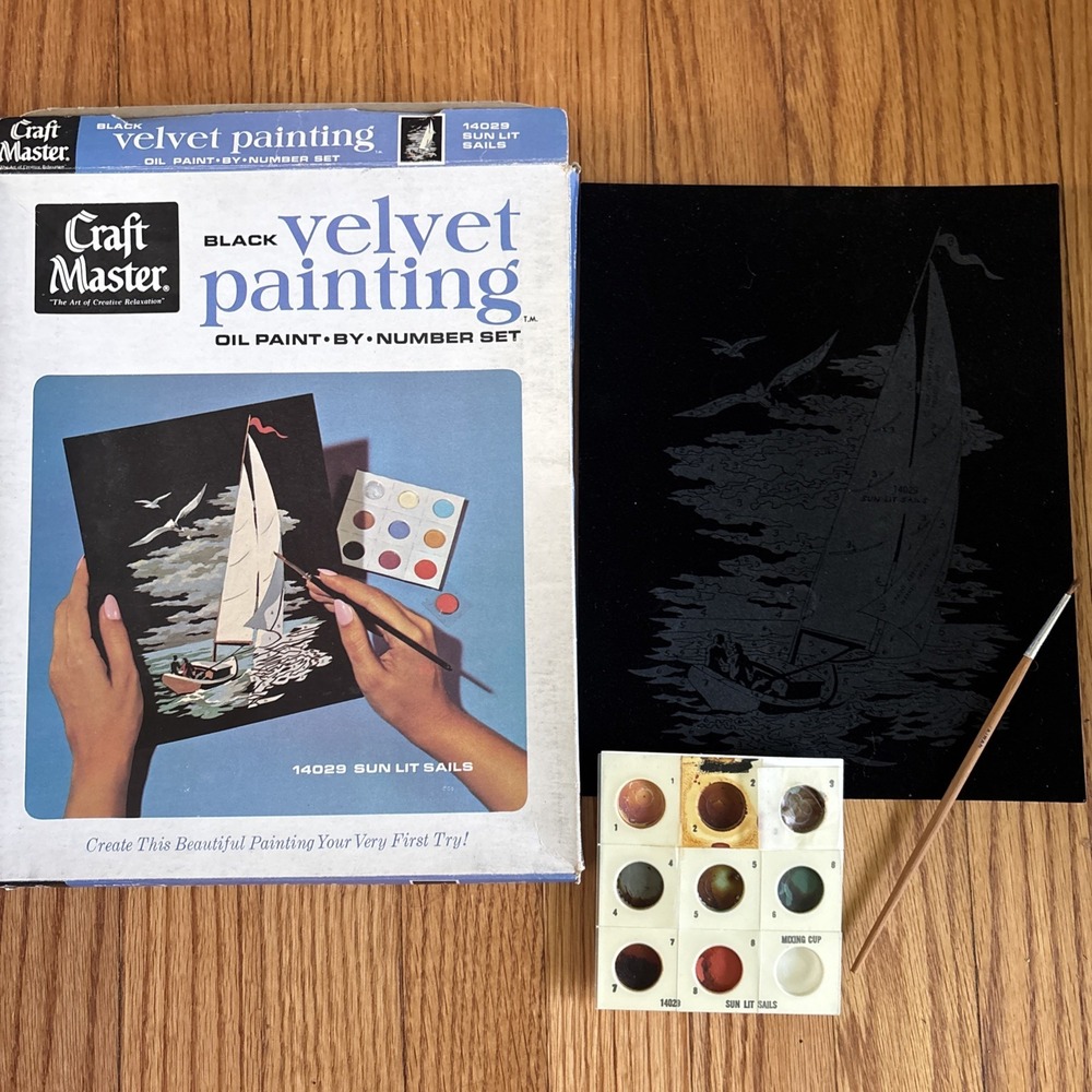 Craft Master Velvet Painting by Number set 1973 New #14029 Sun Lit Sails